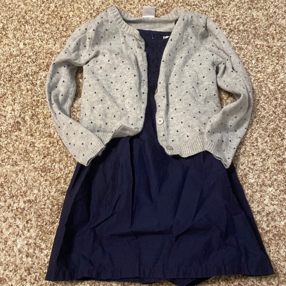 Carter’s navy dress with polka dot gray cardigan
